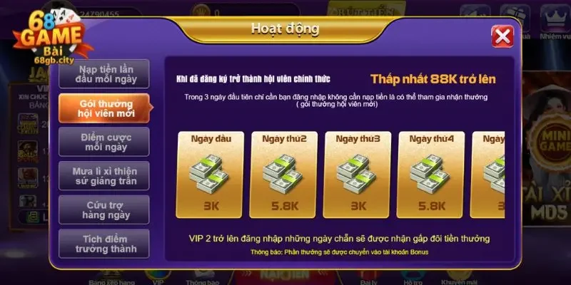 Đăng ký đăng nhập 68gamebai 3 Khuyến mãi dành cho tân binh khi đăng ký thành công